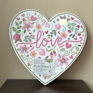 Benson Mills Set Of 4 Cork Heart Shaped Placemats Valentines Day Love Floral New